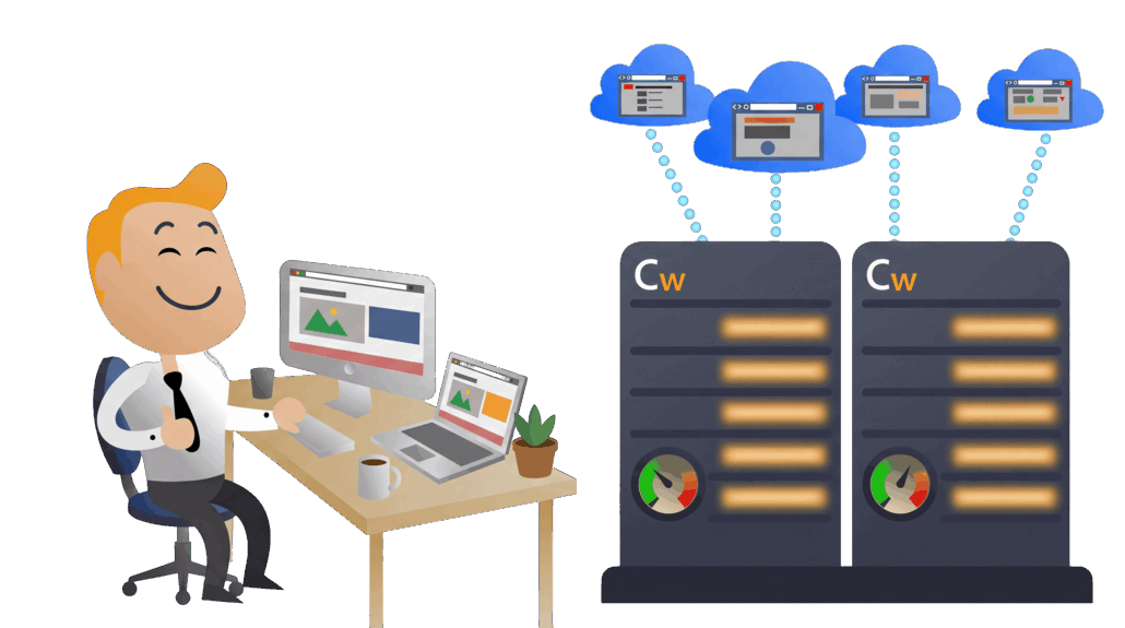 Illustratie: webbouwer werkt ontspannen terwijl de websites van zijn klanten op Chessweb-servers draaien