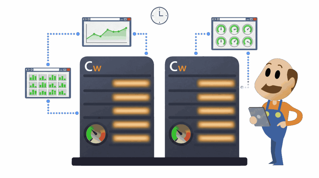 Illustratie van twee servers van Chessweb met monitoring-dashboards en een beheerder met een tablet