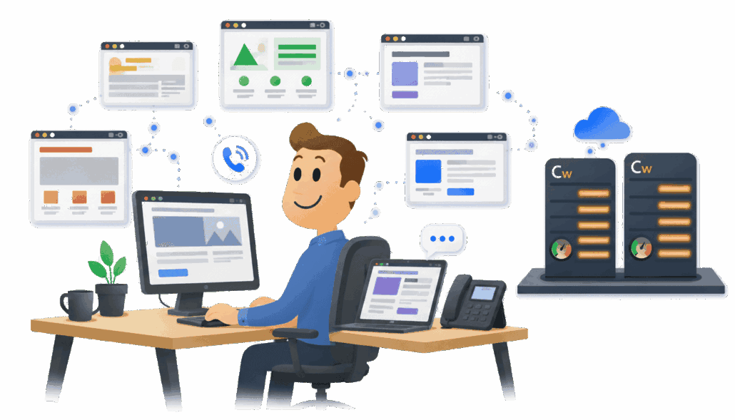 Illustratie van een Chessweb-medewerker aan een bureau met telefoon, de websites van klanten en twee servers