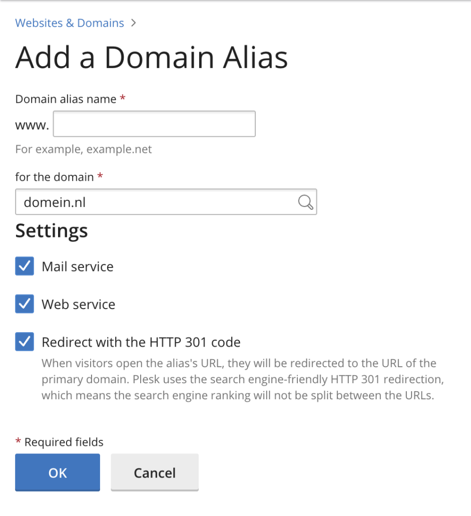 Plesk: het scherm Add a Domain Alias met de alias-naam en de instellingen Mail service, Web service en Redirect met HTTP 301