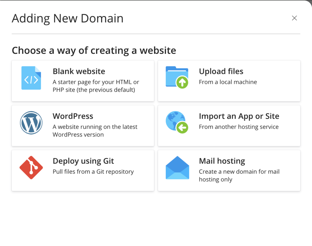 Plesk: Adding New Domain, de keuze voor het type website zoals Blank website of WordPress