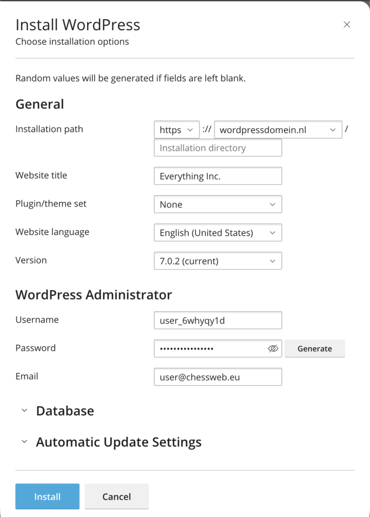 Plesk: het scherm Install WordPress met de installatie-opties