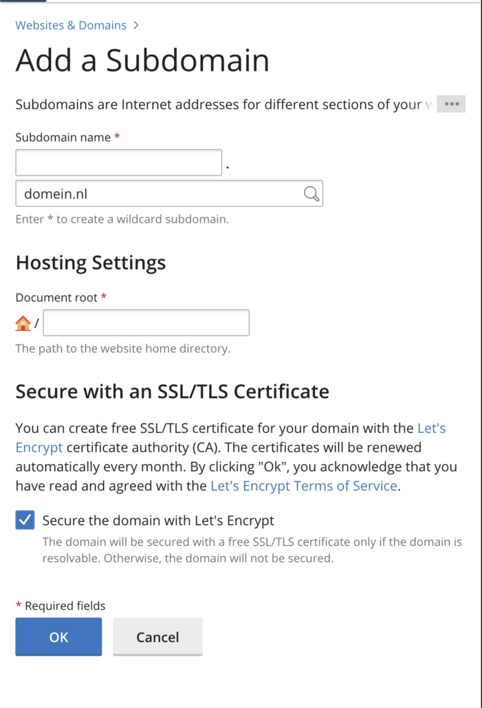 Plesk: het scherm Add a Subdomain met de subdomeinnaam en Document root