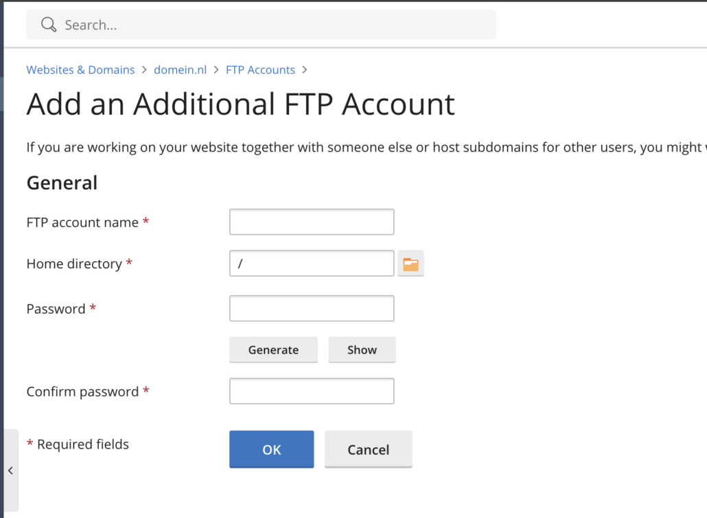 Plesk: het scherm Add an Additional FTP Account met naam-, map- en wachtwoordvelden