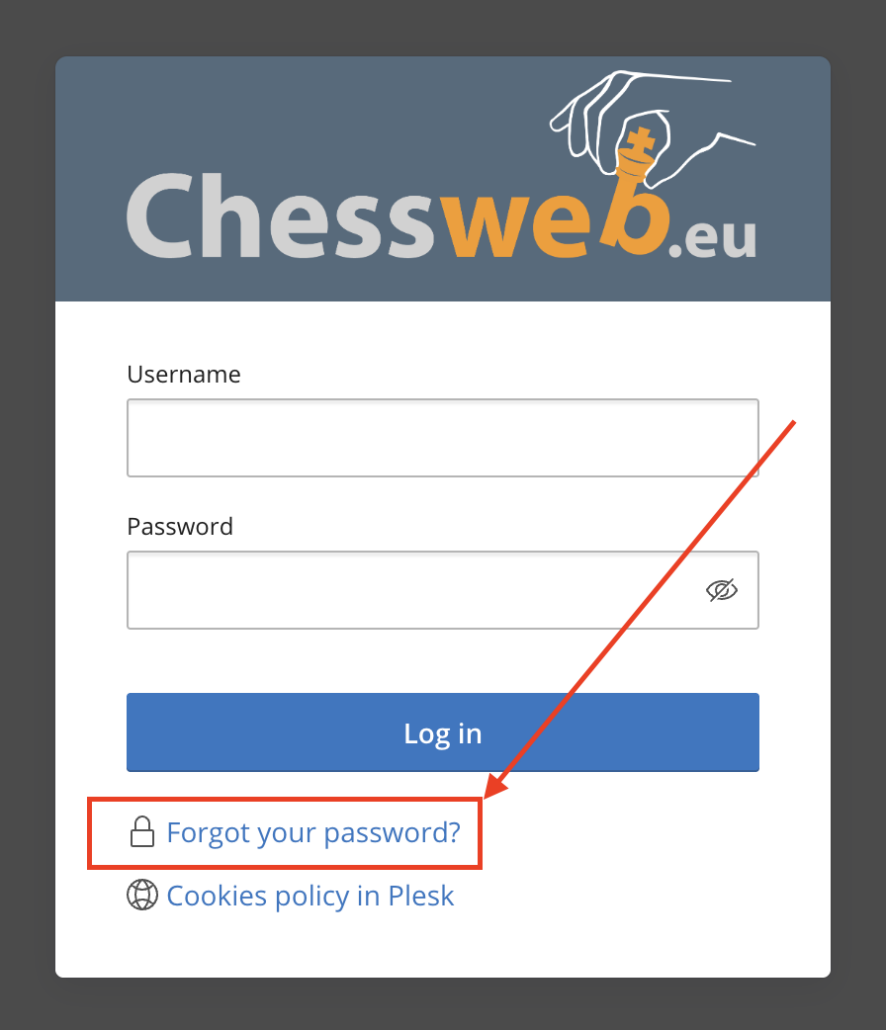 Plesk-inlogpagina van Chessweb met de link Forgot your password