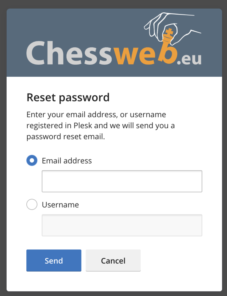 Plesk: het scherm Reset password met de keuze tussen e-mailadres en gebruikersnaam