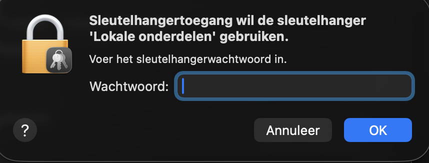 Venster waarin je het sleutelhangerwachtwoord invoert en op OK klikt
