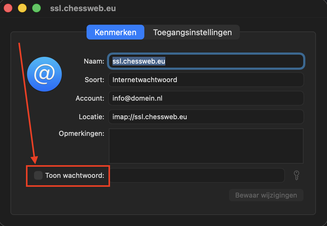 Het tabblad Kenmerken met het aankruisvak Toon wachtwoord gemarkeerd