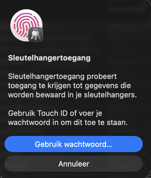 Melding waarin Sleutelhangertoegang om Touch ID of je wachtwoord vraagt