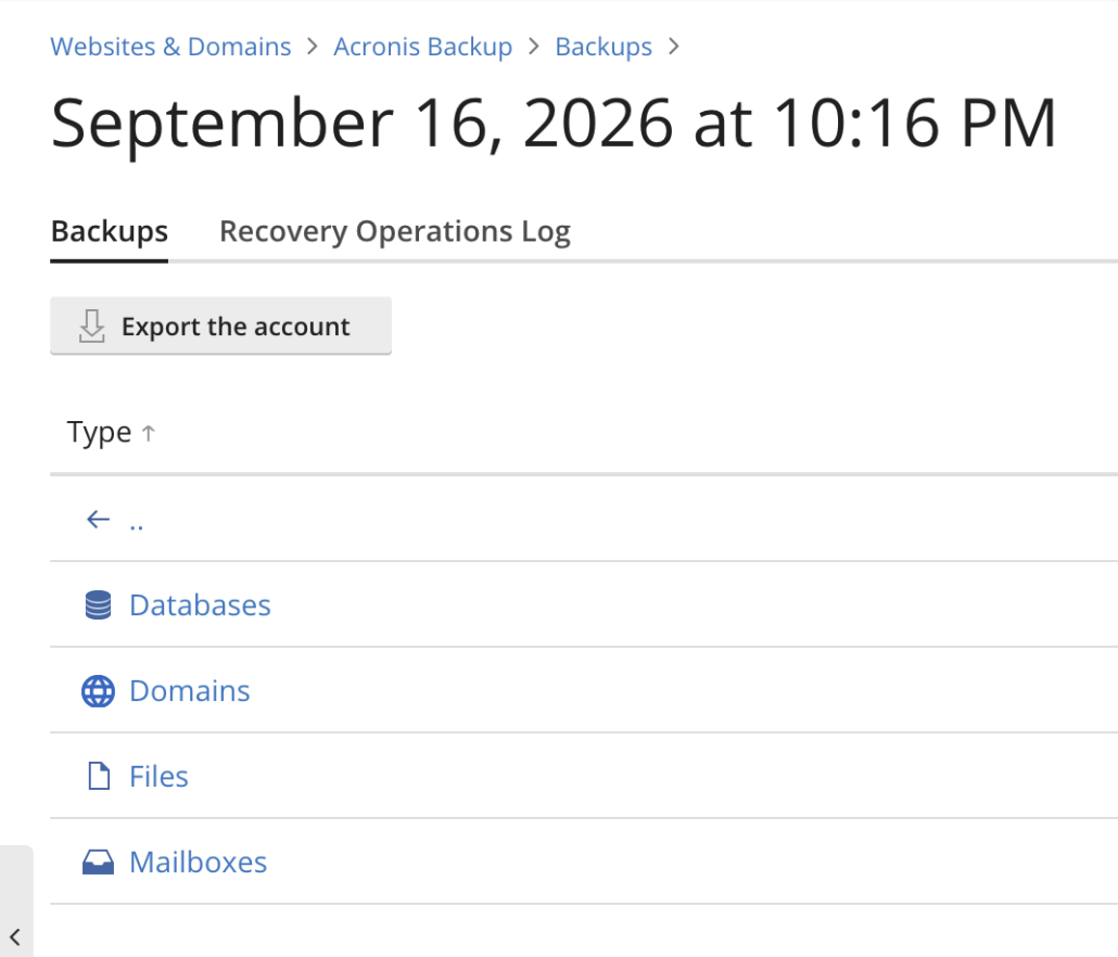 Acronis Backup: gekozen back-up met de onderdelen Databases, Domains, Files en Mailboxes
