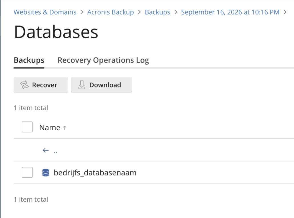Acronis Backup: databases in de back-up, met de knoppen Recover en Download