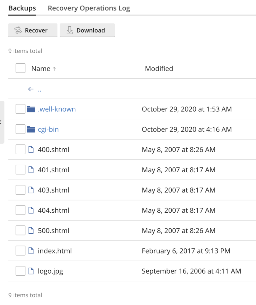 Acronis Backup: bestanden in de back-up, met de knoppen Recover en Download
