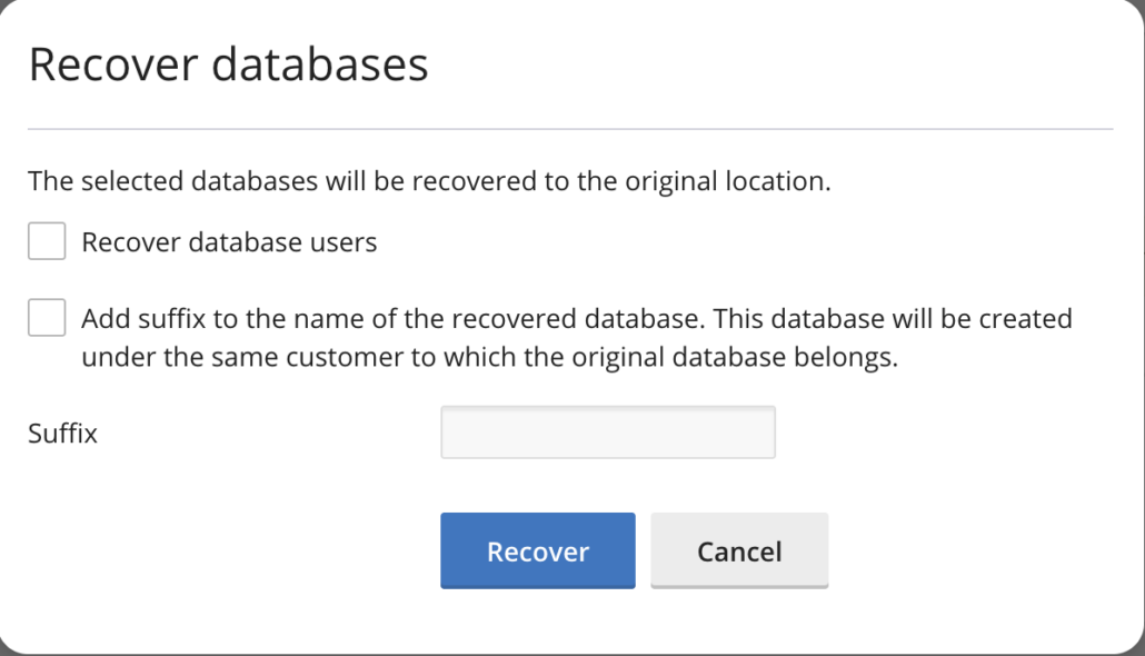Acronis Backup: het venster Recover databases met de opties voor databasegebruikers en een achtervoegsel