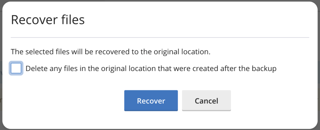 Acronis Backup: het venster Recover files met de optie om nieuwere bestanden te verwijderen