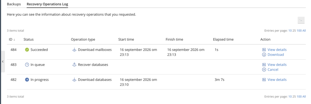 Acronis Backup: tabblad Recovery Operations Log met de status per actie