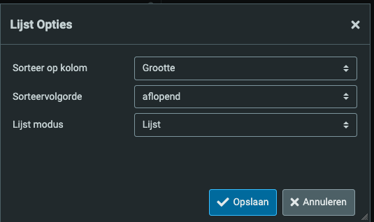 Webmail: het venster Lijst Opties, sorteren op Grootte in aflopende volgorde