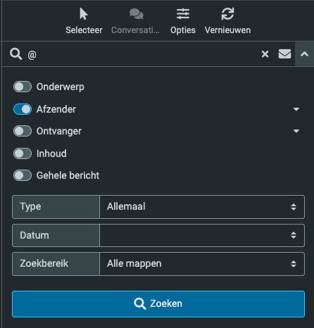 Webmail: zoeken op @ met Afzender aan en Zoekbereik Alle mappen