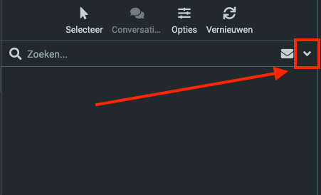 Webmail: het pijltje naast de zoekbalk dat de zoekopties opent